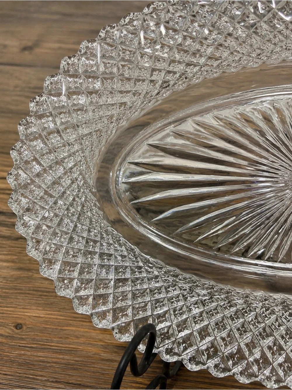 Vintage Clear Pressed Glass Diamond Point Sunburst Serving Set 3 Pieces